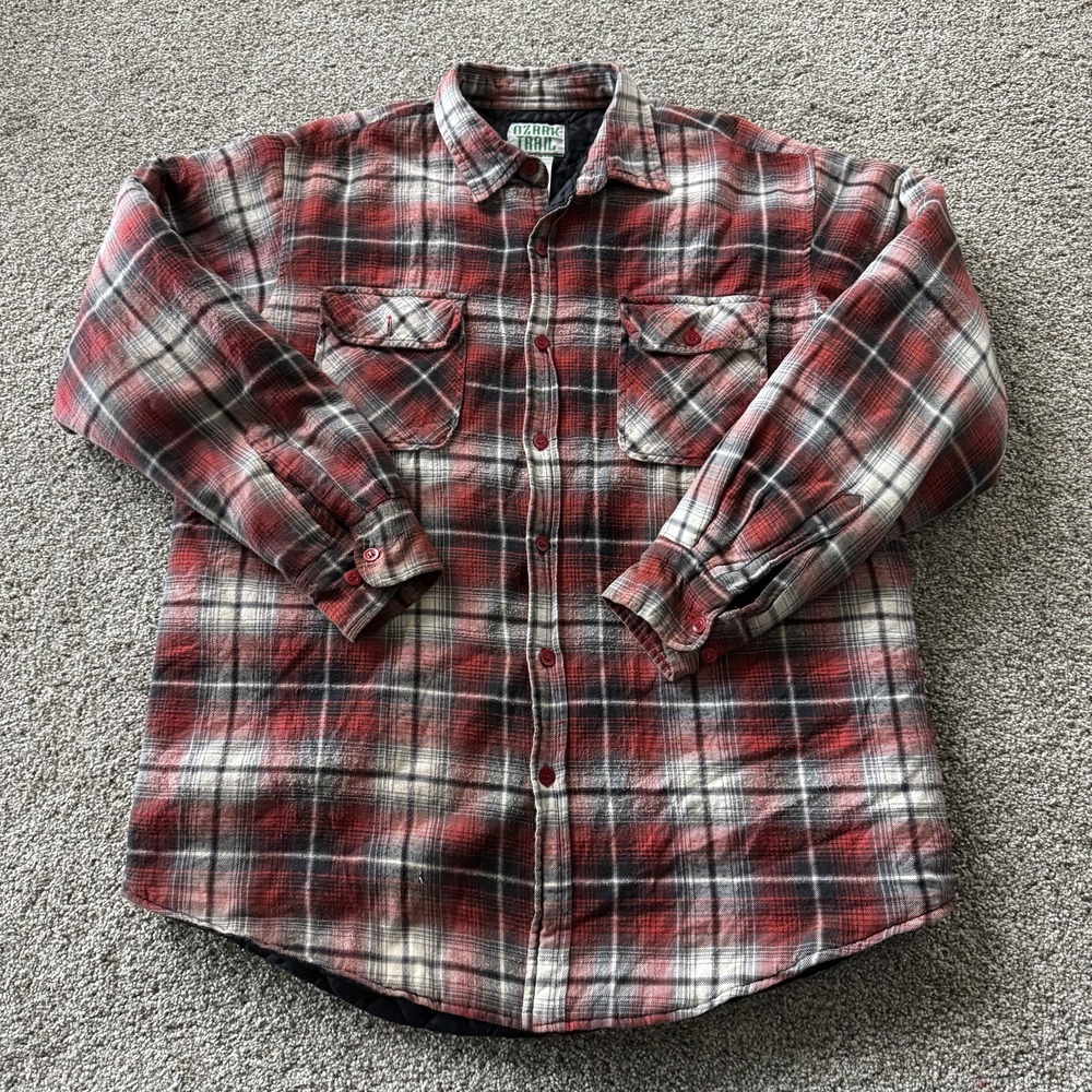 Vintage Ozark Trail Jacket Mens XL Red Plaid Flannel Quilted Lined Button Shirt